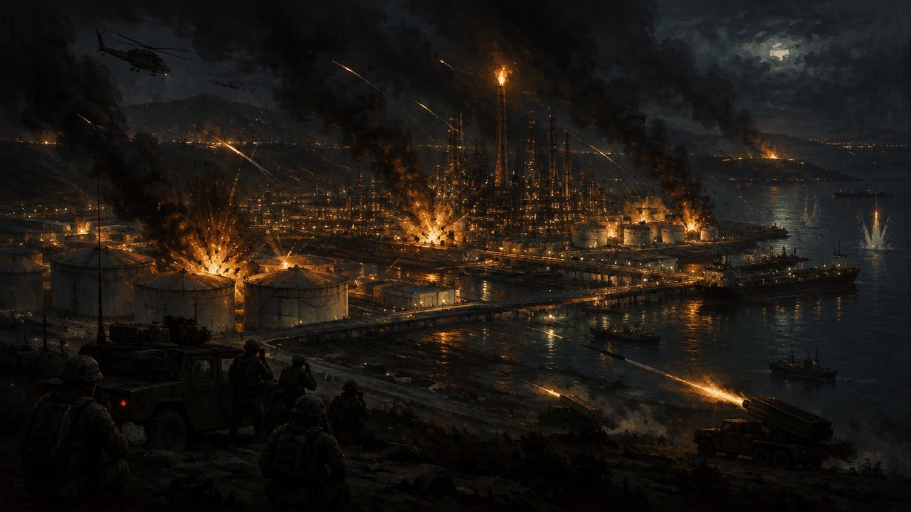 Refinery and supply depots on a coastline under attack