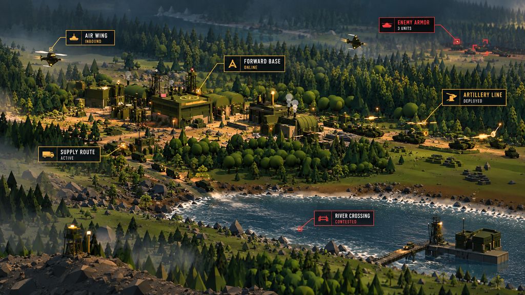 Gameplay screenshot: a wide view of a forward base in the forest, supply trucks on the road, an artillery line firing and a contested river crossing