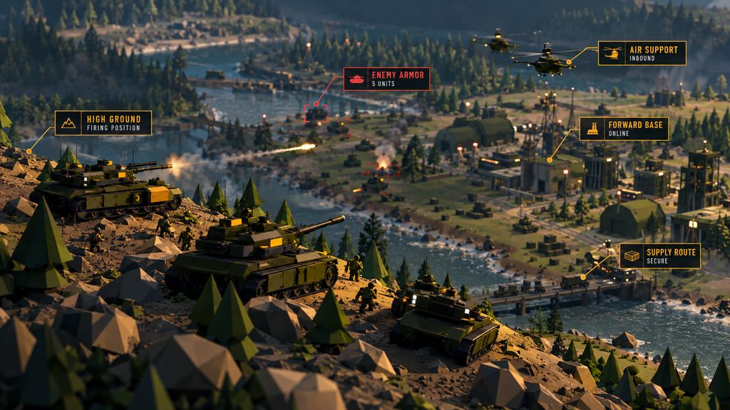 Gameplay screenshot: tanks and infantry firing from a rocky ridge at enemy armor across a river, with helicopters over a forward base