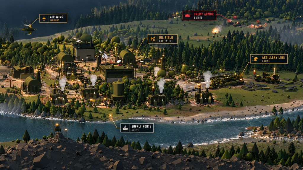 Gameplay screenshot: a forest base at dusk on a river bend, with hangars, factories and an artillery line, enemy armor on the far ridge and an air wing inbound